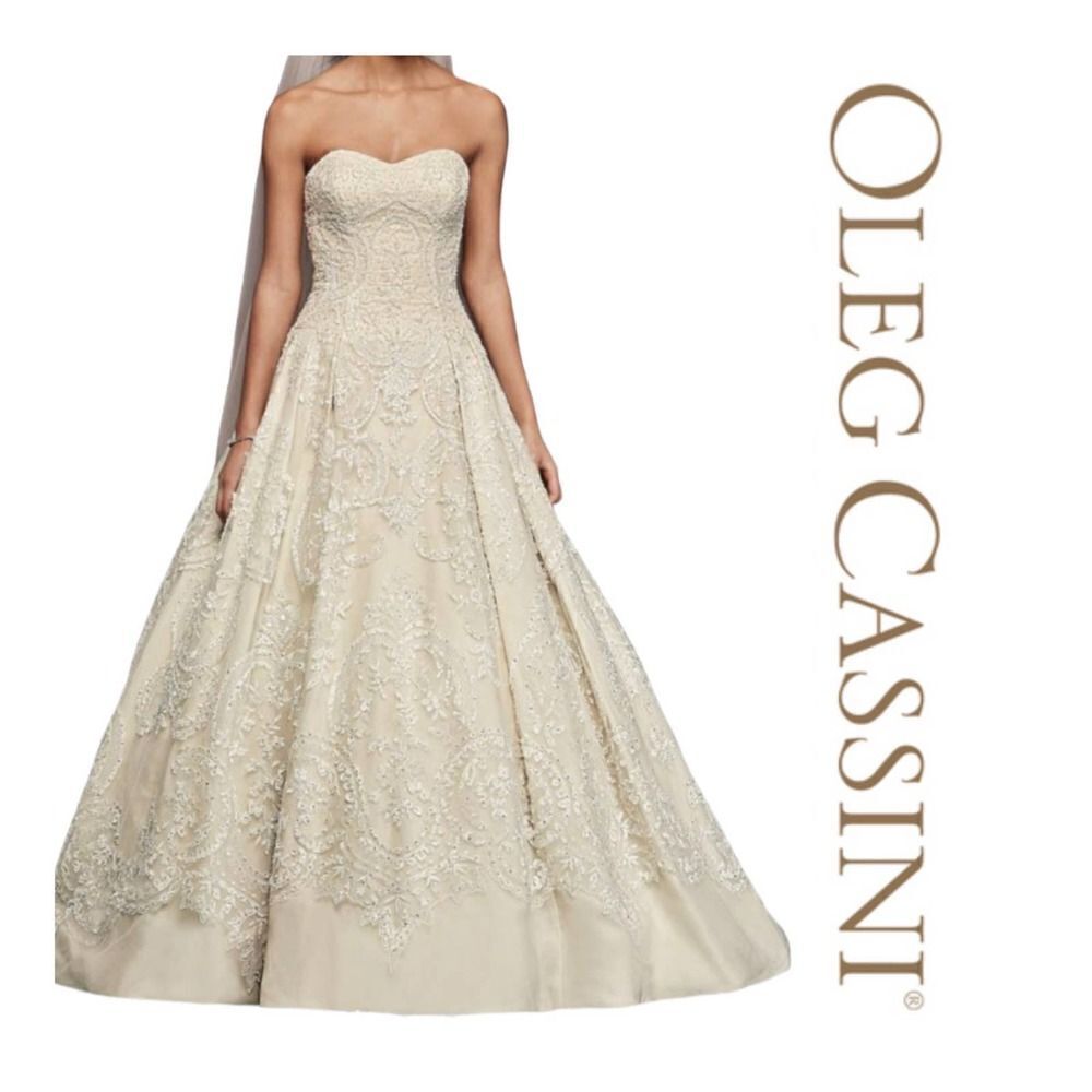 Oleg Cassini Beaded Lace Tulle Strapless Wedding Gown Formal Size 10